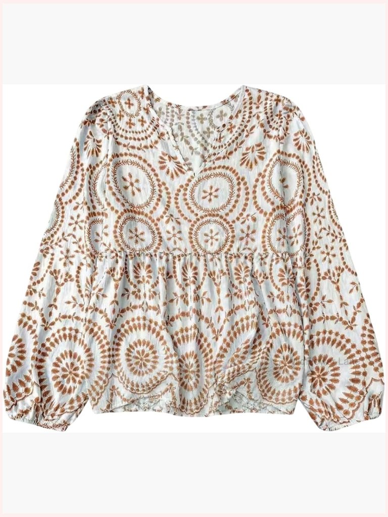 Women's Long Sleeve Peplum Blouse V Neck Ruffle Hem Boho Top